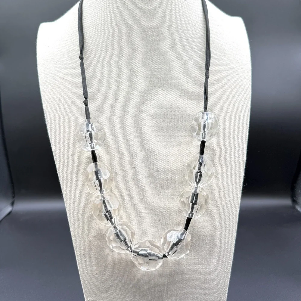 Clear Faceted Bead Necklace Black Ribbon Chunky Lucite Crystal Statement Jewelry